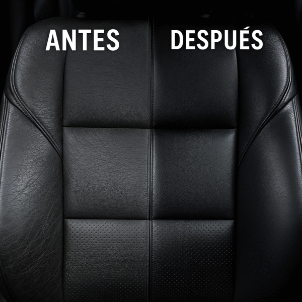 Imagen comparativa con etiquetas “ANTES” (cuero gris, agrietado) y “DESPUÉS” (cuero negro revitalizado) en un asiento automotriz