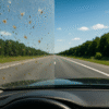 Parabrisas de auto dividido en dos: lado izquierdo con suciedad, insectos y mugre; lado derecho completamente limpio con vista clara del camino tras aplicar limpiaparabrisas concentrado.