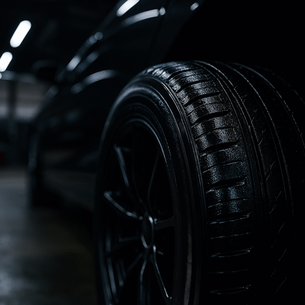 Neumático limpio y con acabado negro brillante tras aplicar Tire Shine Foam Cleaner de Senfineco