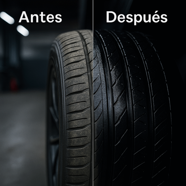 omparativa antes y después de usar Tire Shine Foam Cleaner en la llanta