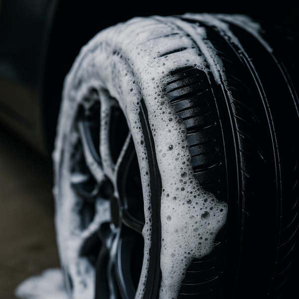 Espuma densa cubriendo la llanta para remover suciedad con Tire Shine Foam Cleaner