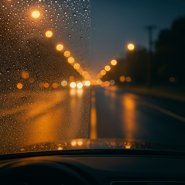 Vista interior del parabrisas en noche lluviosa: lado izquierdo cubierto de gotas, lado derecho despejado mostrando la carretera iluminada